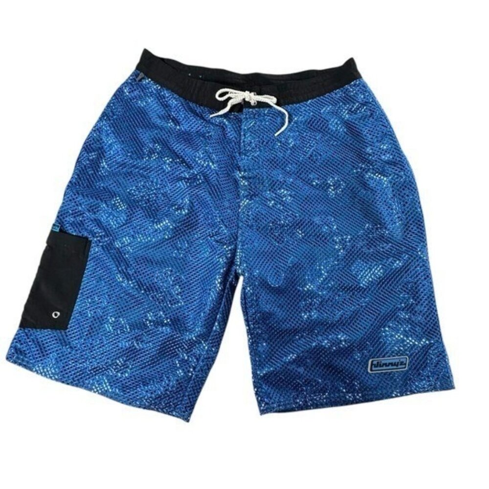 Jimmy'z Vintage Board Shorts 34 Blue Mesh Gray Floral Pattern Swim Trunks Y2K